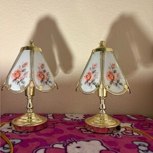 Brass Table Touch Lamp Pair with Pink Rose Shades - Floral Accent Lighting